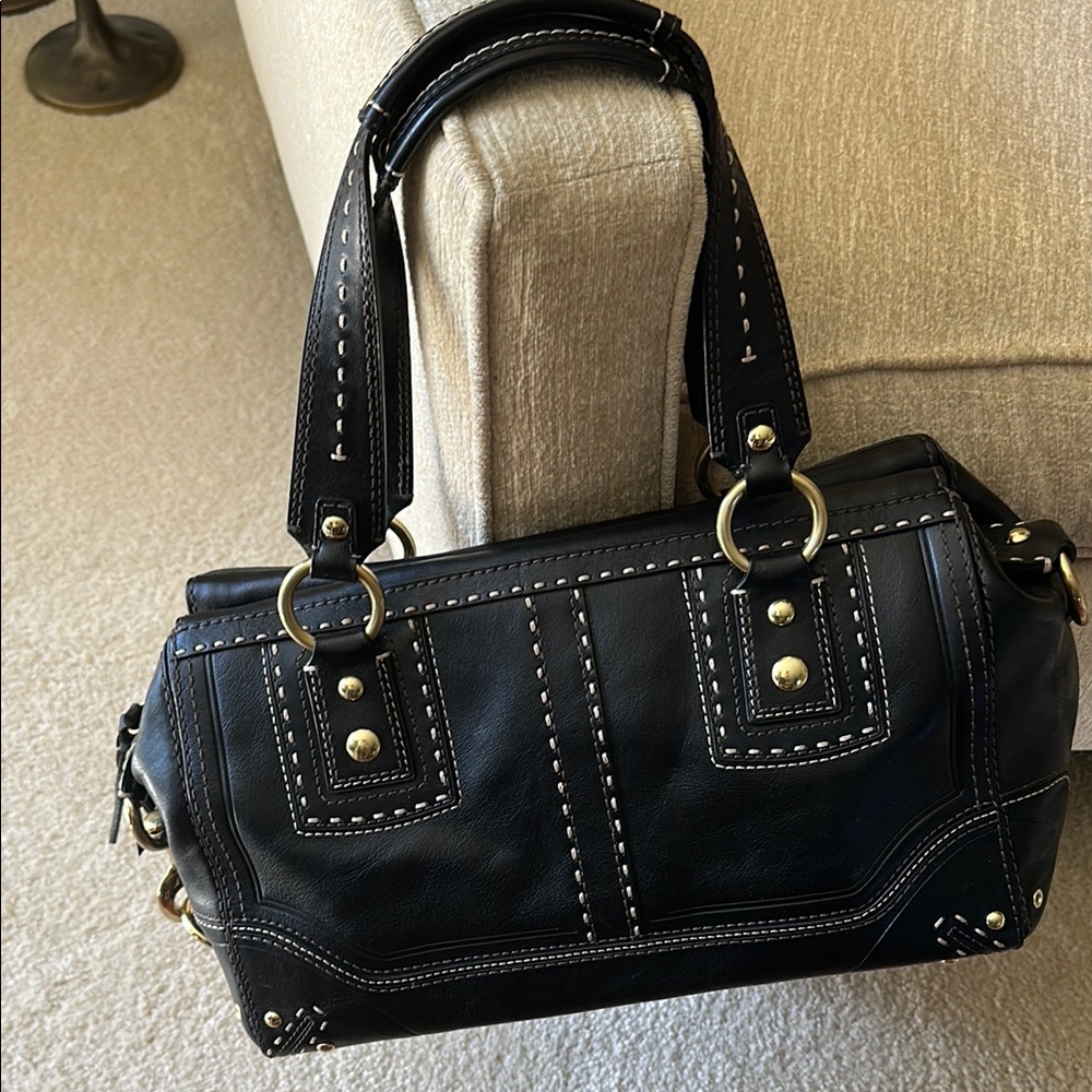 Coach Black Leather Satchel with Elegant Silver Accents - Picture 2 of 7